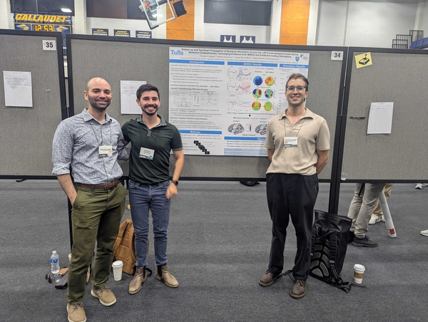 Poster of three scientists standing in front of a poster at an academic conference